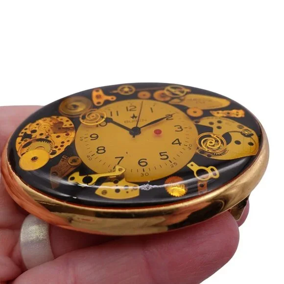 Vintage Von West USA Clock Belt Buckle Goldtone Analog Clock Art Steampunk